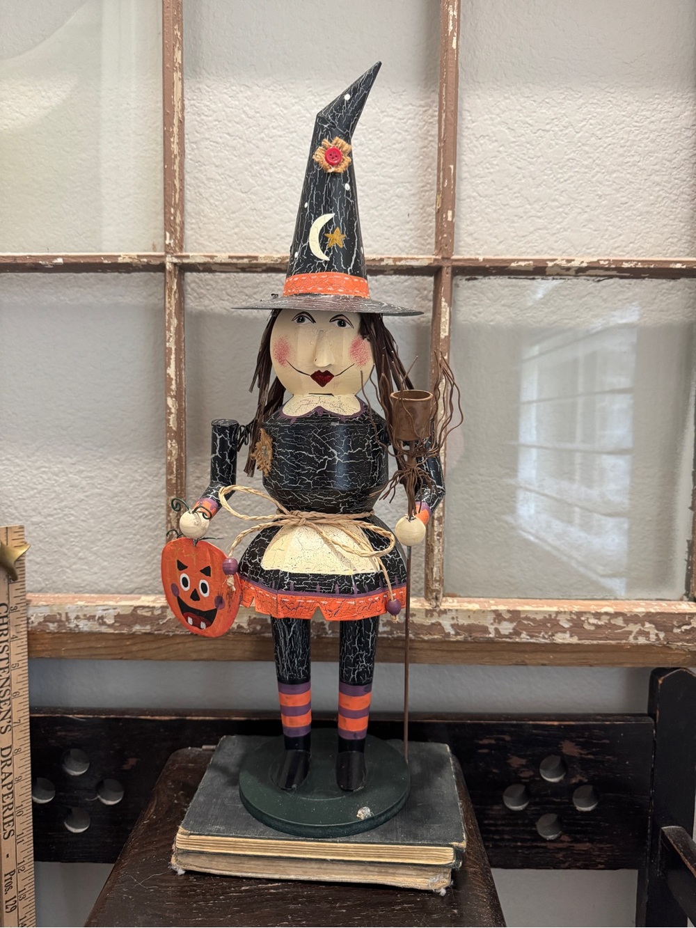 Whimsical Wooden Halloween Witch Figurine - Black & Orange